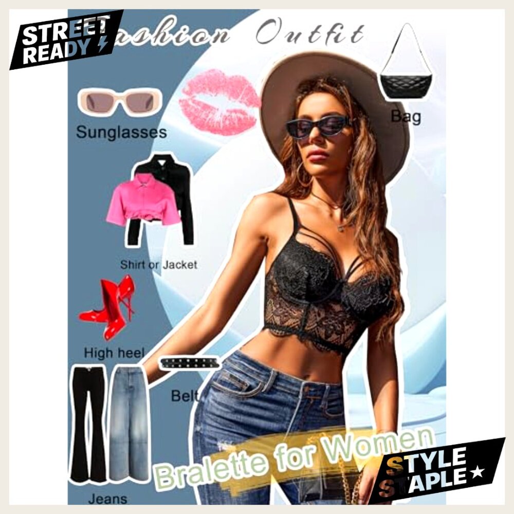 Lace Bralette Camisole V-Neck Adjustable Strap Two Layer Crop Top Bustier - Picture 2 of 7